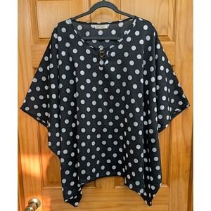 Ace Fashions Women's 1X Tunic Top Black White Polka Dot Round Neck Pullover